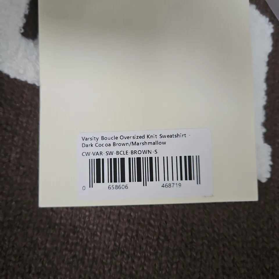 ADANOLA VARSITY BOUCLE OVERSIZED KNIT SWEATSHIRT – DARK COCOA BROWN/MARSHMALLOW - SMALL