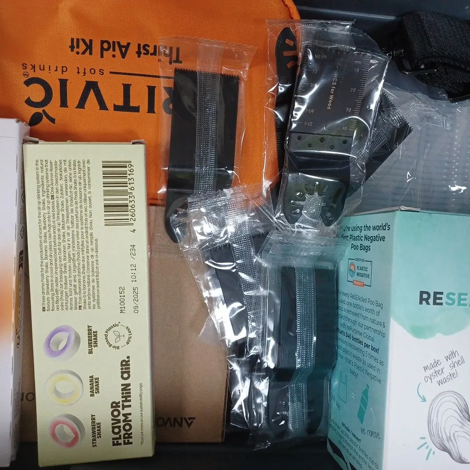 APPROXIMATELY 10 ASSORTED HOUSEHOLD ITEMS TO INCLUDE CHERRY KOLA AIR UP AROMA POD, CROSS STITCH BOOKMARK KIT, ETC