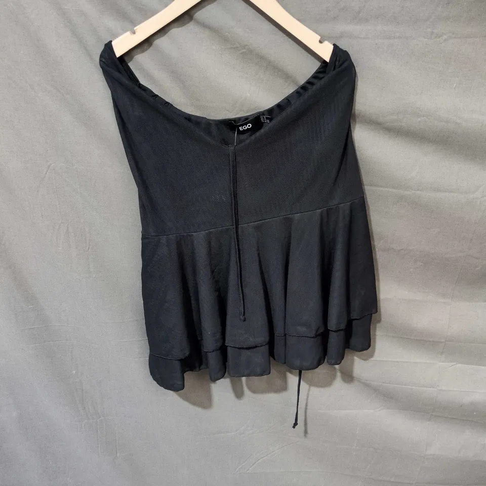 EGO BLACK SLEEVELESS TOP WITH LAYERED RUFFLE HEM, UK 12 (EU 40)