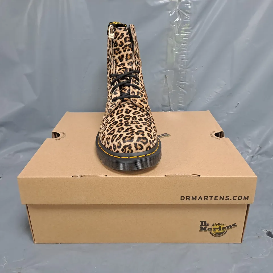 BOXED PAIR OF DR MARTENS 1460 PASCAL BOOTS IN LEOPARD PRINT SIZE UK 8