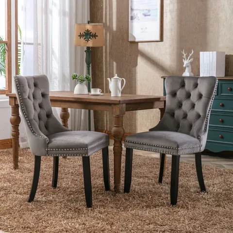 BOXED PAIR OF KNOCKER RING WING BACK VELVET DINING KITCHEN CHAIRS - GREY (1 BOX)