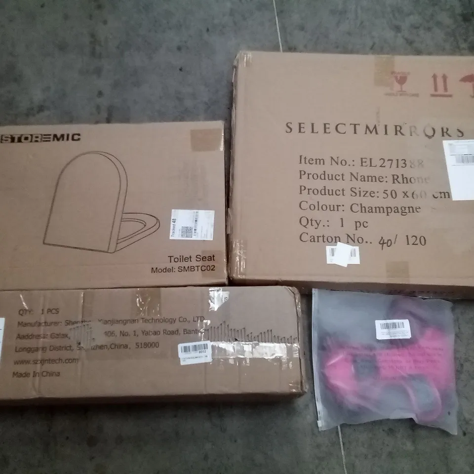 PALLET OF ASSORTED ITEMS INCLUDING STOREMIC TOILET SEAT, SELECT MIRRORS RHONE, INNOTIC CLOTHES DRYER, PINK DOG HARNESS, HBADA OFFICE CHAIR