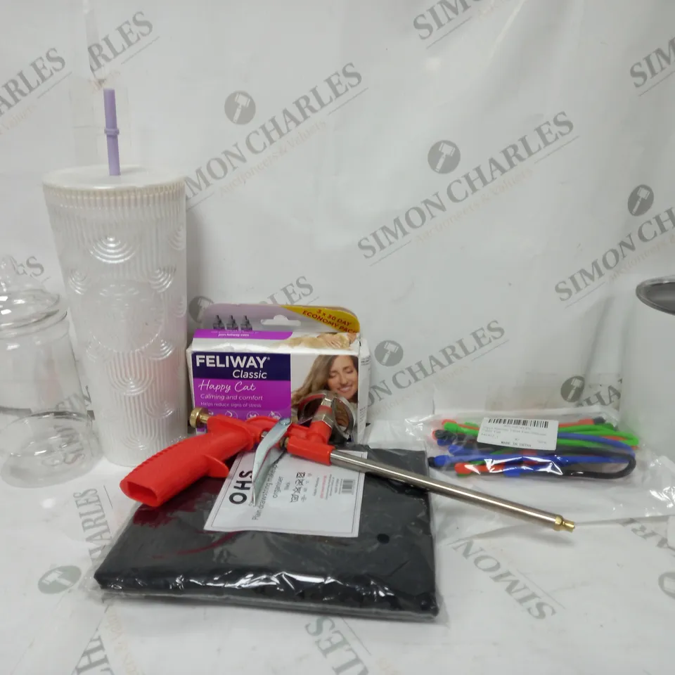 APPROXIMATELY 15 ITEMS TO INCLUDE SILICONE ZIP TIES, STARBUCKS CUP WITH LID, AIRLINE GUN, ETC