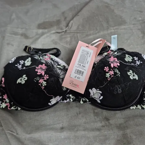 BOUX AVENUE BLACK FLORAL LACE PLUNGE BRA, UK 32C