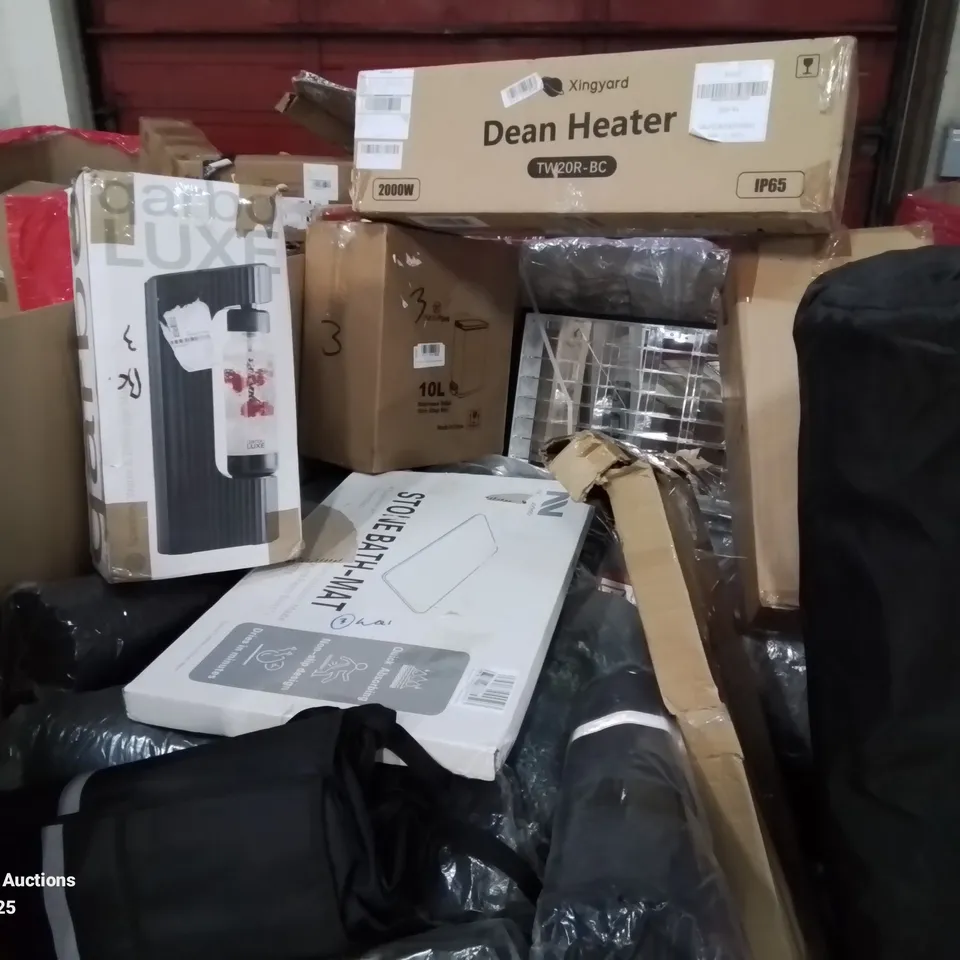 PALLET CONTAINING VARIOUS ASSORTED PRODUCTS INCLUDING:DEAN HEATER, SLIM STEP PEDAL BIN, LARGE QUANTITY OF COOLER BAGS, YOGA MAT, SODA STREAM AND LOTS MORE UNMARKED BOXED ITEMS 