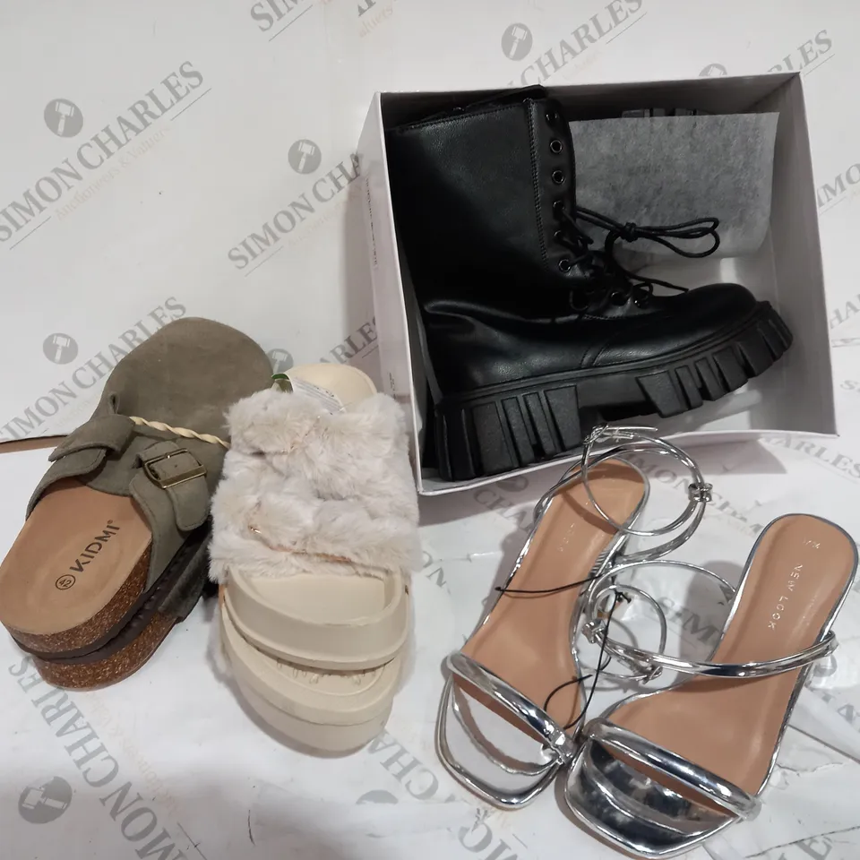 BOX OF APPROXIMATELY 10 ASSORTED PAIRS OF SHOES TO INCLUDE NEW LOOK HEELS, BOOTS, SLIDERS ETC