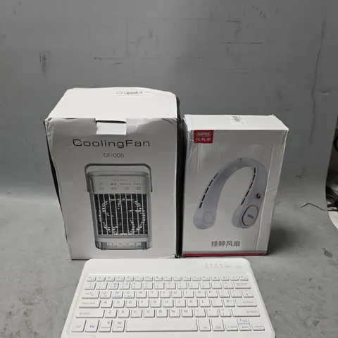 BOX OF APPROXIMATELY 10 ASSORTED ITEMS TO INCLUDE - COOLING FAN , NECK FAN , TABLET KEYBOARD ETC