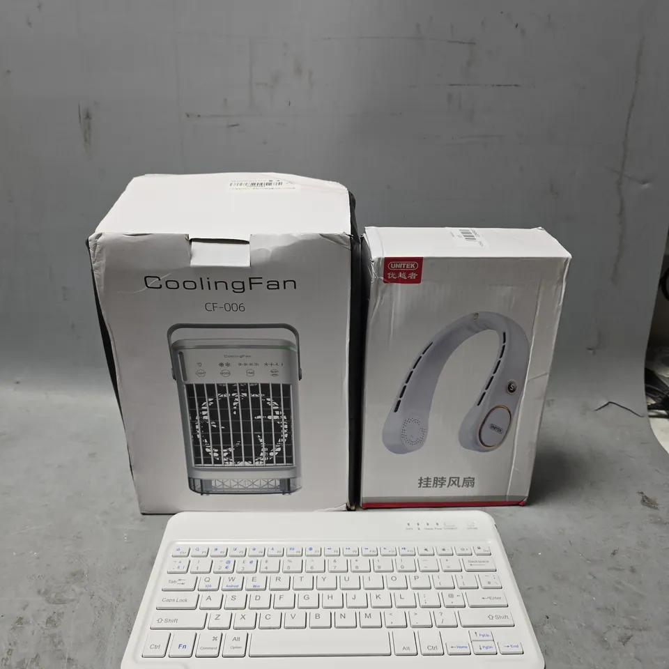 BOX OF APPROXIMATELY 10 ASSORTED ITEMS TO INCLUDE - COOLING FAN , NECK FAN , TABLET KEYBOARD ETC