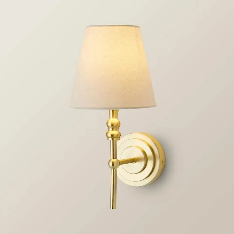 BOXED MAGGIE CANDLESTICK WALL LIGHT WITH LINEN SHADE - BRUSHED GOLD (1 BOX)