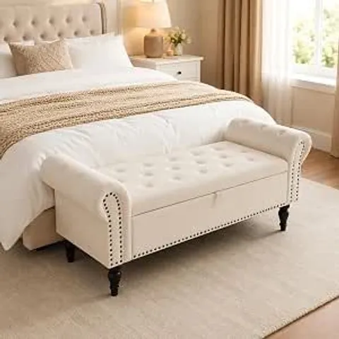 BOXED CLEVICH OTTOMAN STORAGE BENCH, VELVET END OF BED STORAGE BOX WITH LID, STURDY WOOD LEGS FOOTREST, 133X53X46CM, LIGHT CREAM