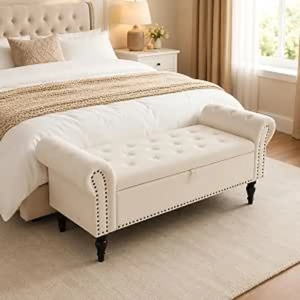 BOXED CLEVICH OTTOMAN STORAGE BENCH, VELVET END OF BED STORAGE BOX WITH LID, STURDY WOOD LEGS FOOTREST, 133X53X46CM, LIGHT CREAM