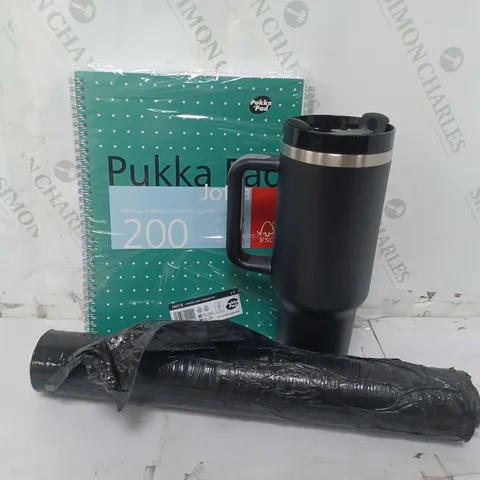 APPROXIMATELY 15 ASSORTED HOUSEHOLD ITEMS TO INCLUDE THERMAL FLASK, PUKKA A4 PAD, BIN BAGS, ETC