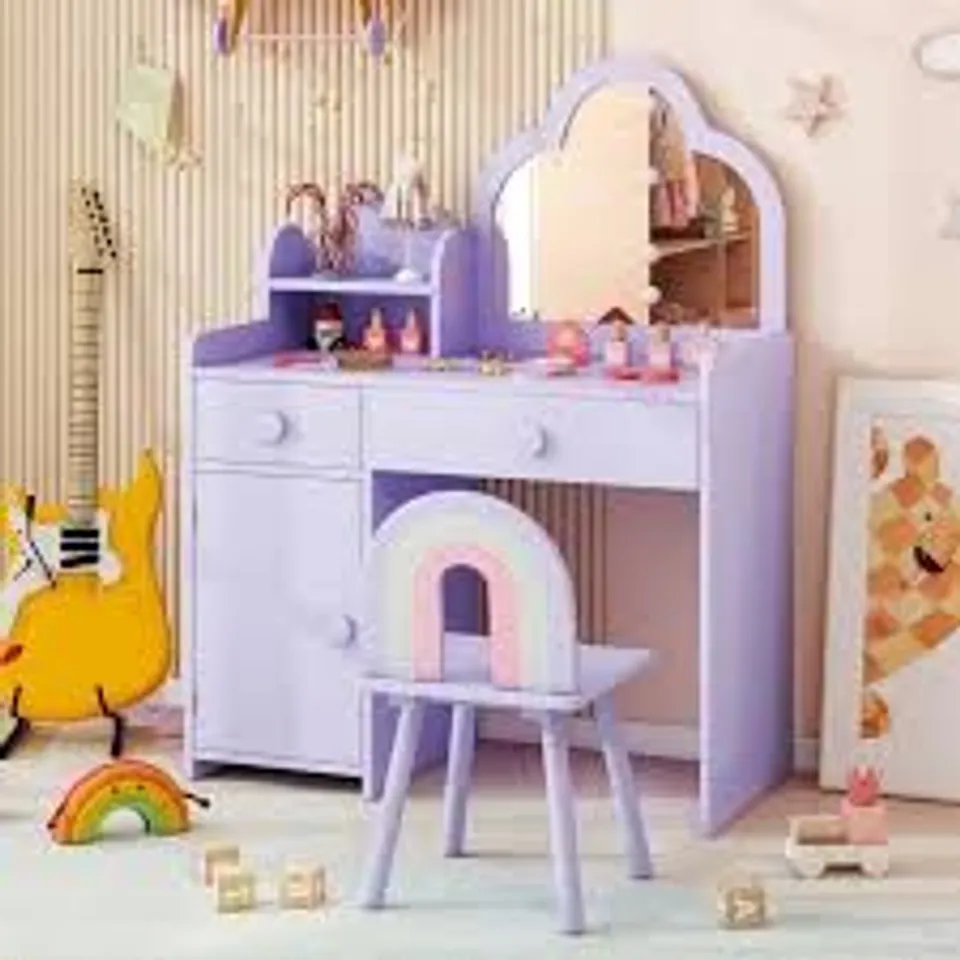 BOXED COSTWAY 2 DRAWER SINGLE DOOR PURPLE KIDS VANITY SET WITH CLOUD-SHAPED MIRROR
