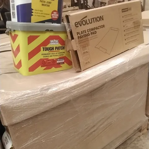 PALLET OF ASSORTED DIY, HOME IMPROVEMENT AND BUILDING PRODUCTS TO INCLUDE; EASY FIX PATIO JOINT MORTAR, PERMANENT POTHOLE REPAIR, PAVING PAD ETC