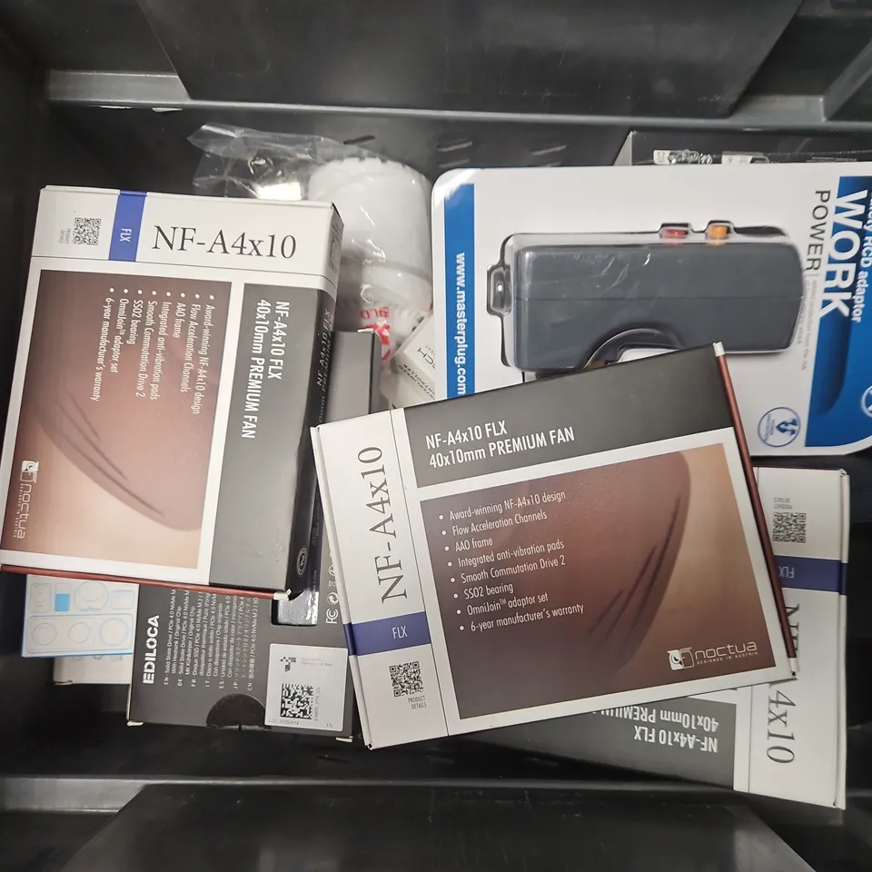 APPROXIMATELY 10 ASSORTED ELECTRICAL ITEMS TO INCLUDE SAFETY SCD ADAPTOR, NF-A4X10 FLX PREMIUM FAN, PRO VISION SHEILD, ETC