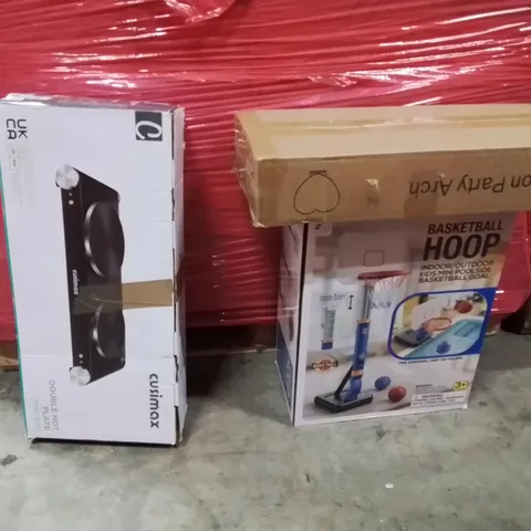 PALLET OF ASSORTED HOUSEHOLD GOODS AND PRODUCTS TO INCLUDE;DOUBLE HOT PLATE,INDOOR HOOP GAME,BALLOON PARTY ARCH