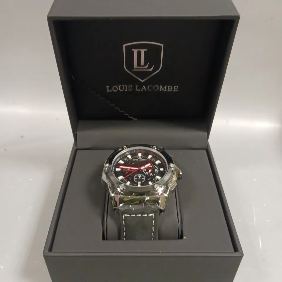 MENS LOUIS LACOMBE CHRONGRAPH WATCH – 3 SUB DIALS – SILVER COLOUR CASE – LEATHER STRAP 