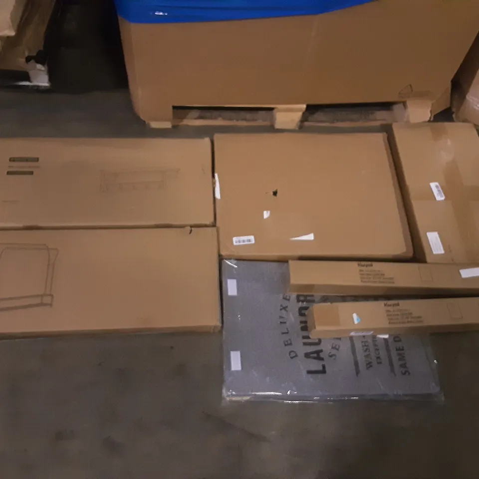 PALLET OF ASSORTED PRODUCTS INCLUDING MEERVEIL WALL COAT RACKS, DOUBLE RAIL CLOTHES RACK, KUYAL CHAIR MAT, LAUNDRY HAMPER, JUDGE NON-STICK TABLE GRILL, WINDOW REGULATOR FRONT