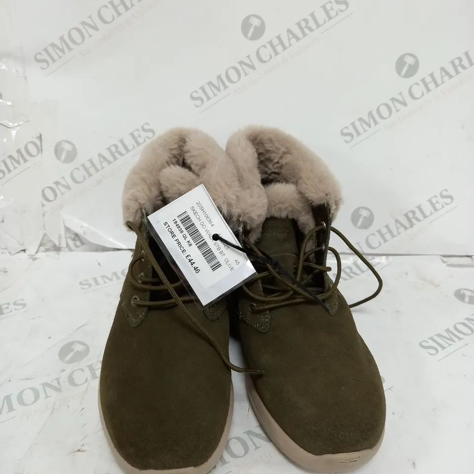 BOXED SKECHERS GO WALK STABILITY SUEDE BOOTS, OLIVE - SIZE 6