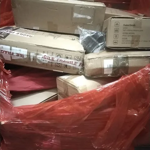 A PALLET CONTAINING ASSORTED HOUSEHOLD GOODS AND PRODUCTS TO INCLUDE; SELF INFLATING SLEEPING PAD, STORAGE CABINET, YOGA MAT, BOXED FURNITURE ETC