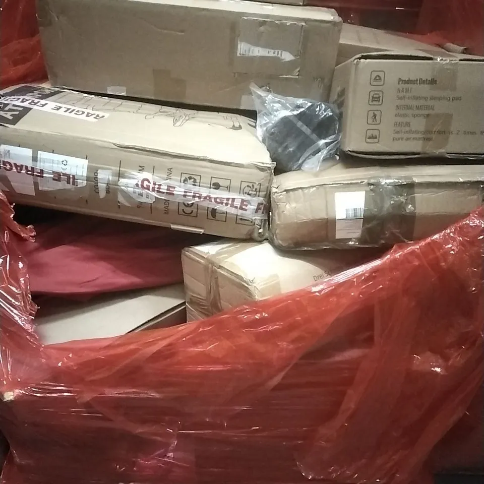 A PALLET CONTAINING ASSORTED HOUSEHOLD GOODS AND PRODUCTS TO INCLUDE; SELF INFLATING SLEEPING PAD, STORAGE CABINET, YOGA MAT, BOXED FURNITURE ETC
