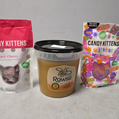 APPROXIMATELY 8 ASSORTED FOOD ITEMS TO INCLUDE -ROWSE SPEADABLE HONEY , CANDY KITTENS VERY CHERRY ETC