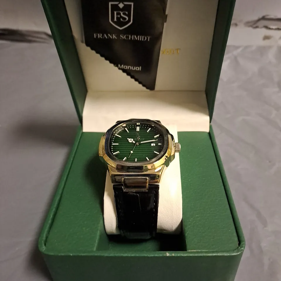 FRANK SCMIDT GREEN DIAL GENTS WATCH WITH BLACK LEATHER STRAP