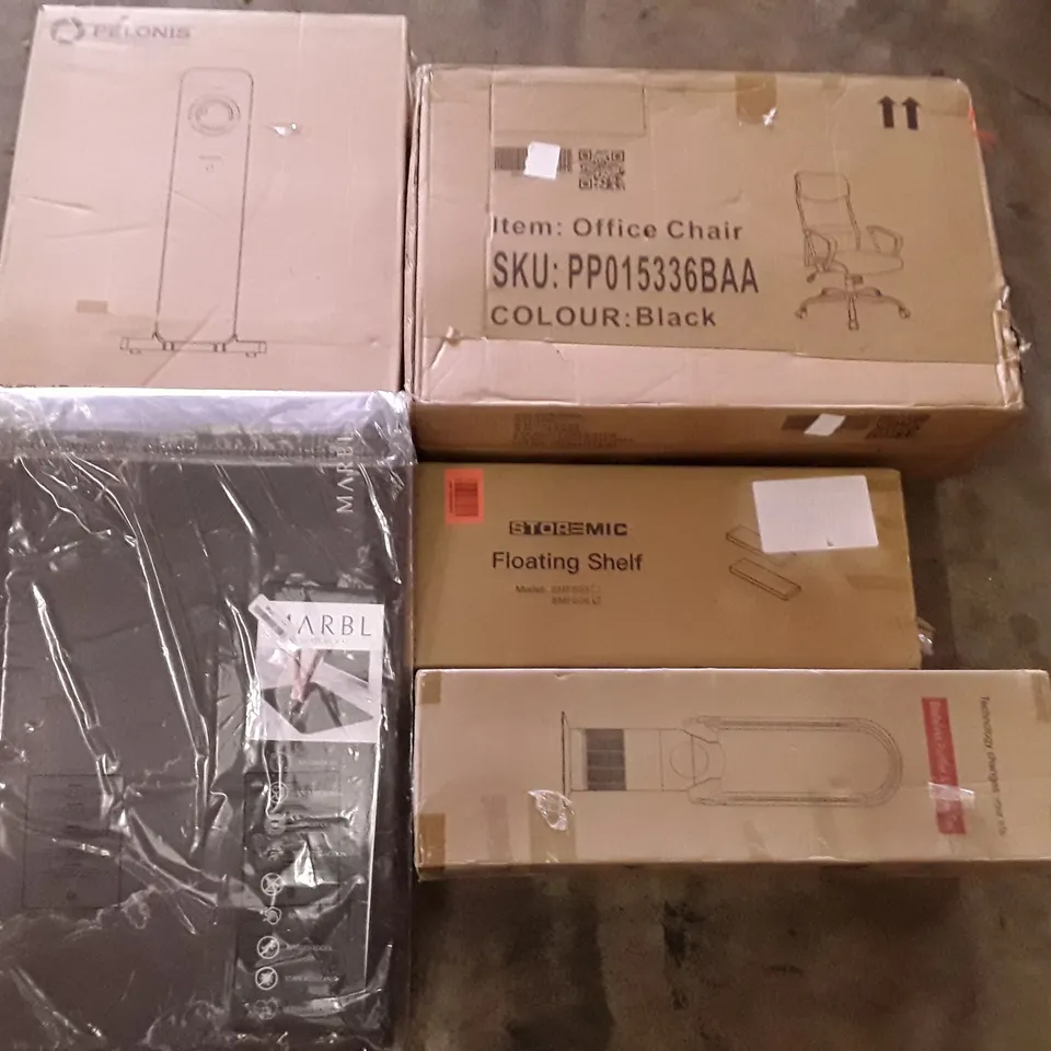 PALLET OF ASSORTED PRODUCTS INCLUDING OFFICE CHAIR, FLOATING SHELF, BLADELESS PURIFIER & HEATER FAN, OIL FILLED RADIATOR, ANTI-FATIGUE MAT  