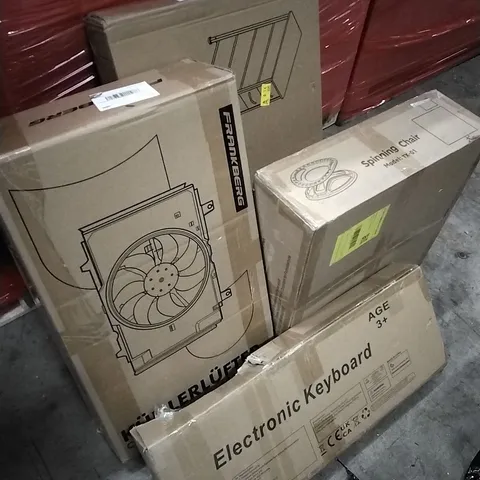 PALLET OF HOUSEHOLD ITEMS TO INCLUDE DRESSER,ELECTRONIC KEYBOARD, SPINNING CHAIR, COOLING FAN ASSEMBLY AND OTHER ASSORTED ITEMS...