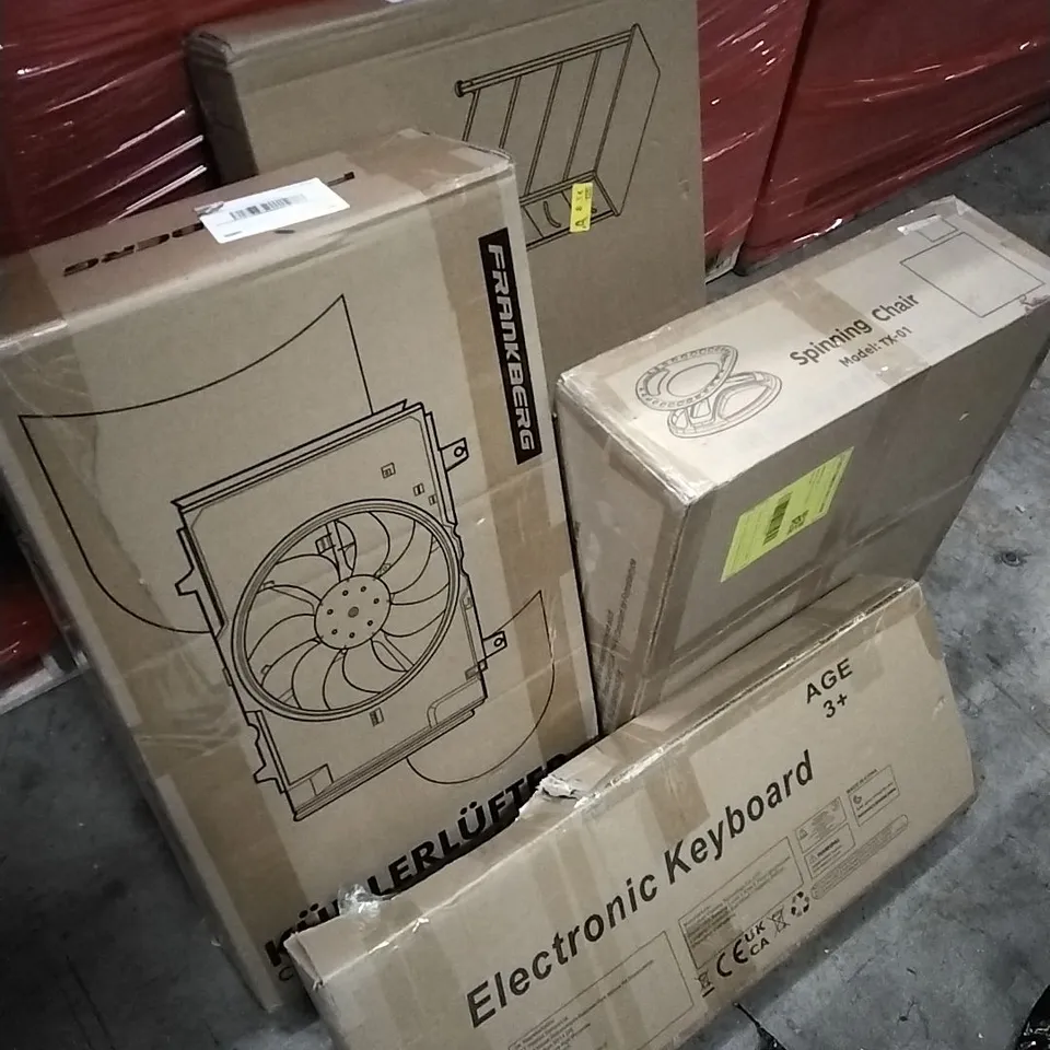 PALLET OF HOUSEHOLD ITEMS TO INCLUDE DRESSER,ELECTRONIC KEYBOARD, SPINNING CHAIR, COOLING FAN ASSEMBLY AND OTHER ASSORTED ITEMS...