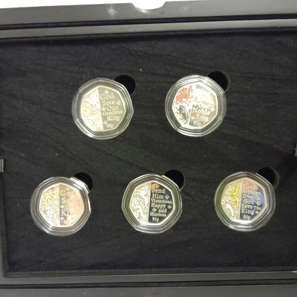 BOXED KING CHARLES III CORONATION SILVER PROOF COLOUR FIFTY PENCE COIN SET LIMITED EDITION WITH CASE