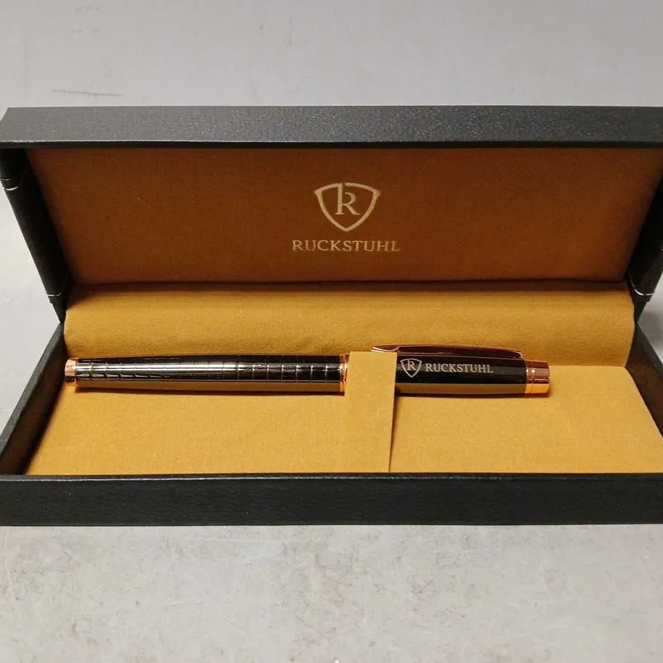 RUCKSTUHL STAINLESS STEEL LUXURY PEN IN GIFT BOX – BLACK & ROSE GOLD COLOUR CASE