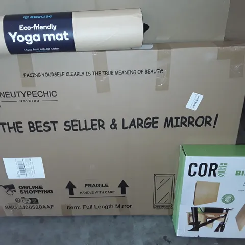 UNPROCESSED PALLET OF ASSORTED ITEMS TO INCLUDE MULTIPLE FUL LENGTH MIRRORS, BAMBOO BIKE RACKS AND YOGA MATS