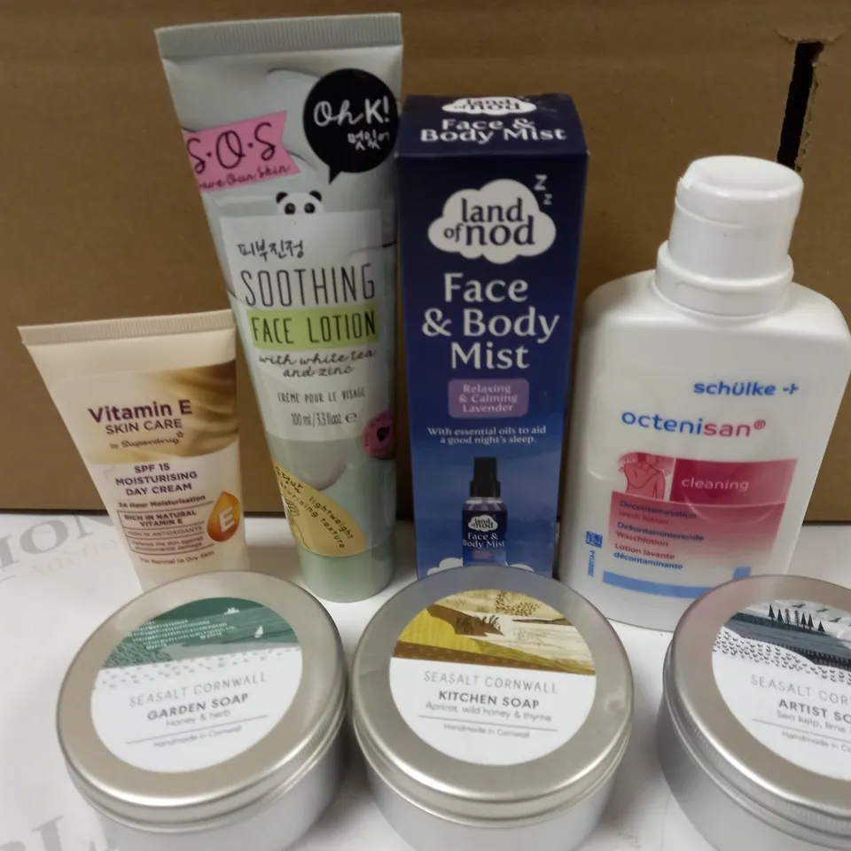 BOX OF APPROX 25 COSMETIC ITEMS TO INCLUDE LAND OF NOD FACE AND BODY MIST, SEASALT CORNWALL ASSORTED SOAPS AND SCHULKE OCTENISAN WASH LOTION