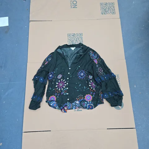 MONSOON WOMEN'S BLOUSE – BLACK/GREEN WITH FLORAL EMBROIDERY, SIZE M