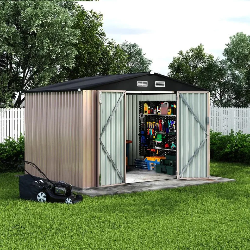 BOXED GARVEE 6X8FT OUTDOOR METAL STORAGE SHED - BEIGE/BROWN (1 BOX)
