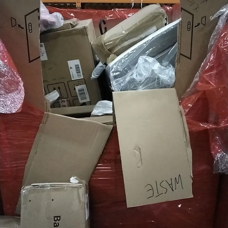 PALLET OF HOUSEHOLD ITEMS TO INCLUDE TOILET SEAT AND FRAME, DOG GRASS PAD WITH TRAY,DOLL STROLLER, BABY PLAYPEN AND OTHER ASSORTED ITEMS....