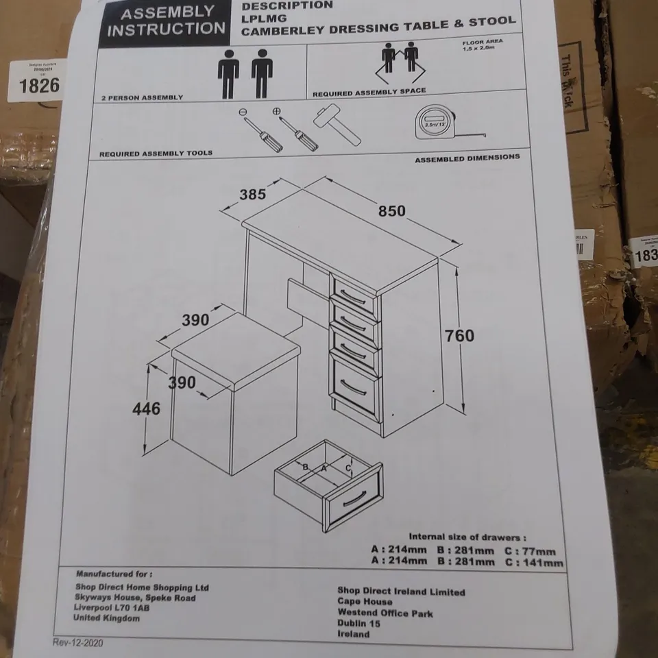 BOXED GRADE 1 CAMBERLEY DRESSING TABLE AND STOOL SET DARK OAK-EFFECT (1 BOX)