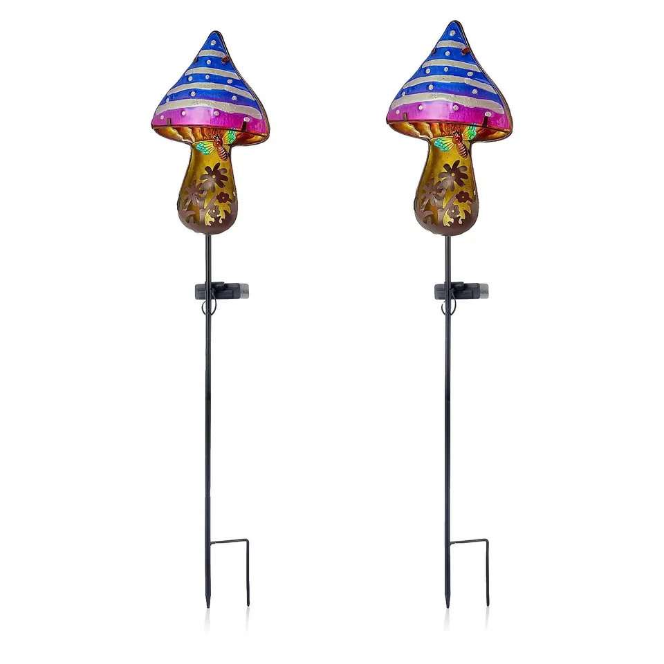 GARDEN REFLECTIONS SET OF 2 SOLAR METAL TOADSTOOL STAKE LIGHTS