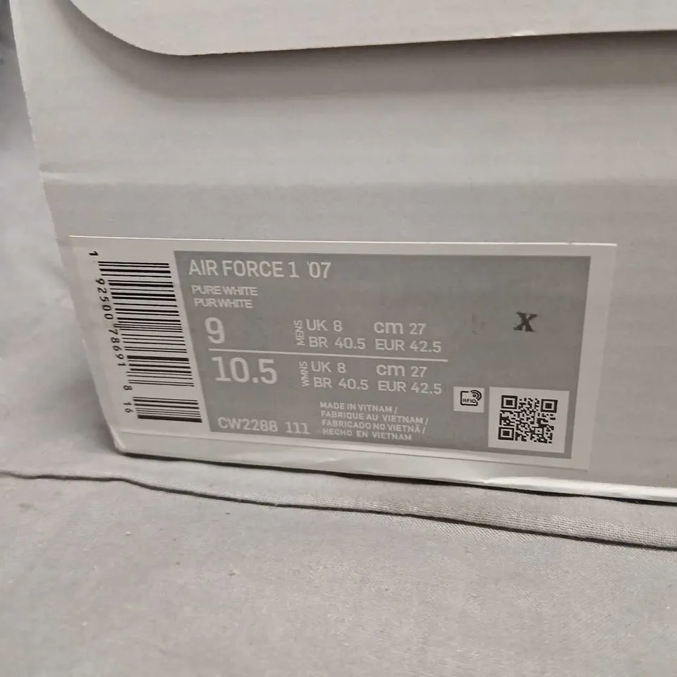 NIKE AIR FORCE 1 '07 PURE WHITE TRAINERS, UK 8 (US 9)
