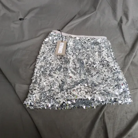 RIVER ISLAND STUDIOS SEQUIN MINI SKIRT  – SILVER, UK SMALL