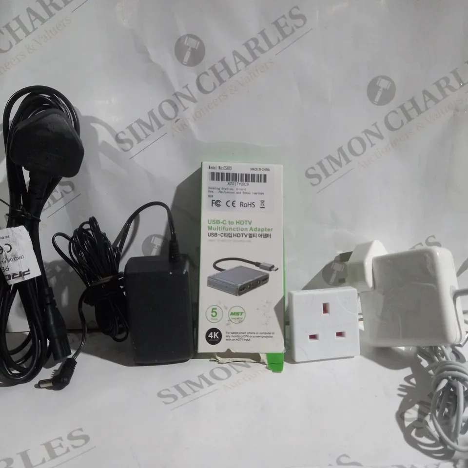 BOX OF 14 ASSORTED ITEMS TO INCLUDE - USB-C TO HDTV - EU TO UK TRAVEL PLUG - LAPTOP CHARGER ECT