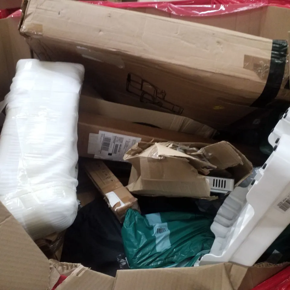 PALLET CONTAINING ASSORTED PRODUCTS INCLUDING AIR COOLER, BABY SCALE, SMALL BEDSIDE TABLE, CABINET LIGHTS & SPRINKLER HOSE