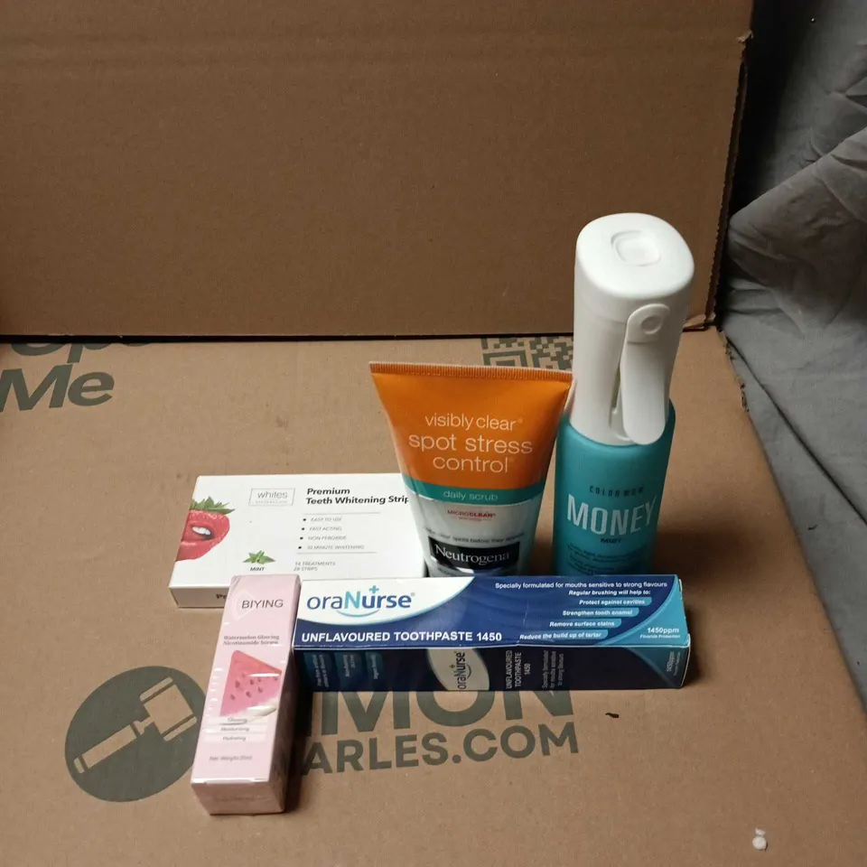 APPROXIMATELY 15 ASSORTED COSMETIC ITEMS TO INCLUDE COLOR WOW MONEY MIST, NEUTROGENA, WHITENING STRIPS, TOOTHPASTE ETC