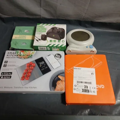 SIX ASSORTED ELECTRONICS & ACCESSORIES: ORANGE DVD BOX, DOCKING STATION, SMART KITCHEN SCALE PACKAGING, HAND WARMER BOXES 