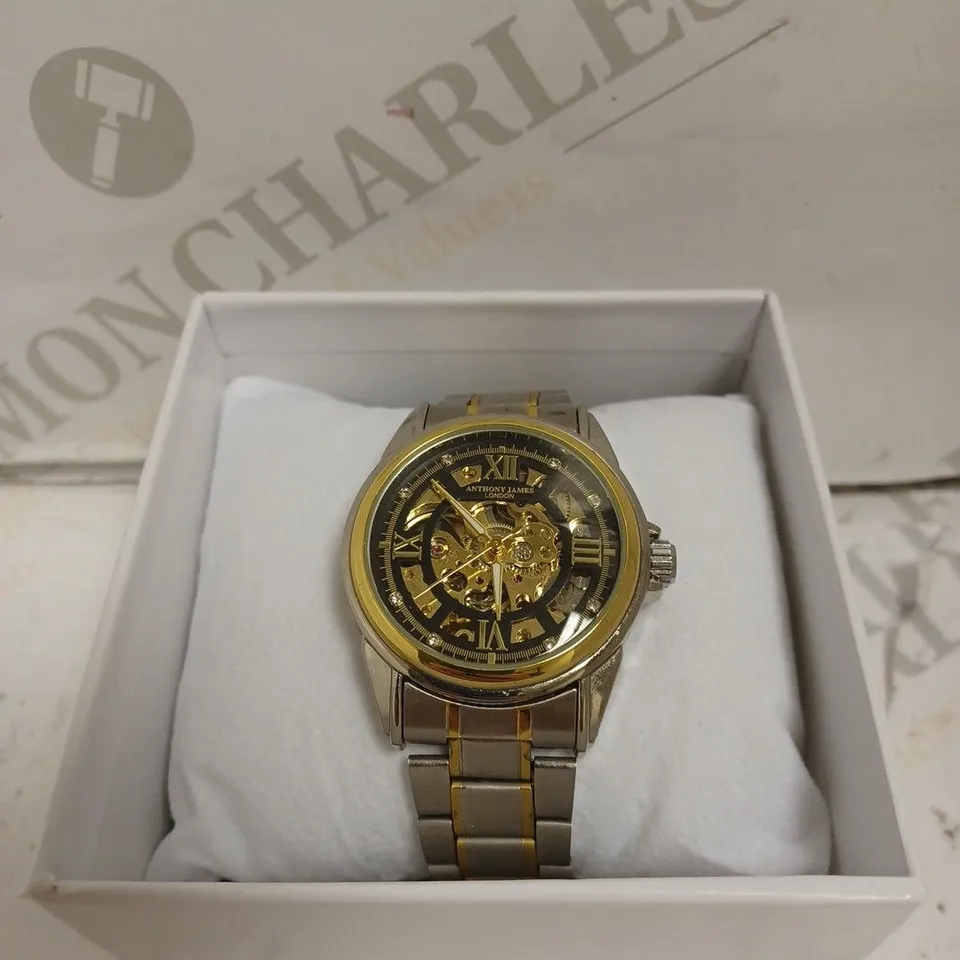 BOXED ANTHONY JAMES WATCH - TWO TONE STAINLESS STEEL - AUTOMATIC - SKELETON FACE - WATER RESISTANT. 