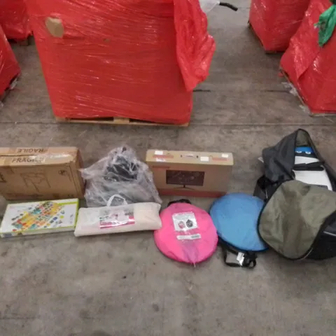 PALLET CONTAINING ASSORTED HOUSEHOLD PRODUCTS. INCLUDES GOOSEHILL INFLATABLE PADDLE BOARD WITH CARRY BAG, KIDS TENTS, MONITOR, BEDSIDE COMMODE, PLASTIC WEIGHTS RACK ETC