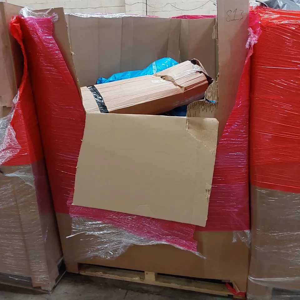 PALLET OF ASSORTED HOUSEHOLD ITEMS AND CONSUMER PRODUCTS. INCLUDING AIRFRYER, TRAINING ROPE, TRAMPOLINE, BOXED FURNITURE ETC 