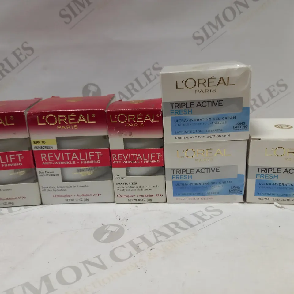 LOT OF 6 ASSORTED SKINCARE PRODUCTS TO INCLUDE L'OREAL REVITALIFT DAY CREAM, EYE CREAM, HYDRATING GEL CREAM