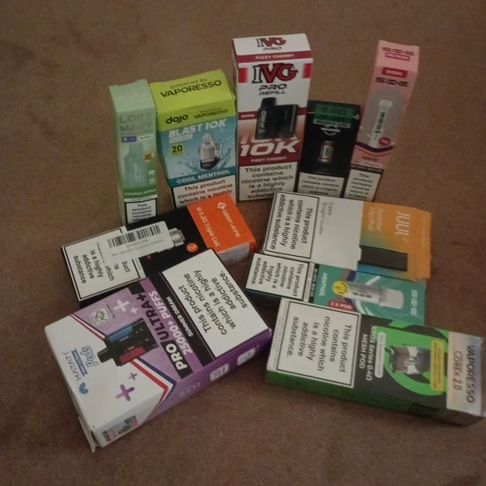 APPROXIMATELY 20 ASSORTED E-CIGARETTE PRODUCTS TO INCLUDE BRANDS SUCH AS IVG, LOST MARY, DOJO, ETC - COLLECTION ONLY